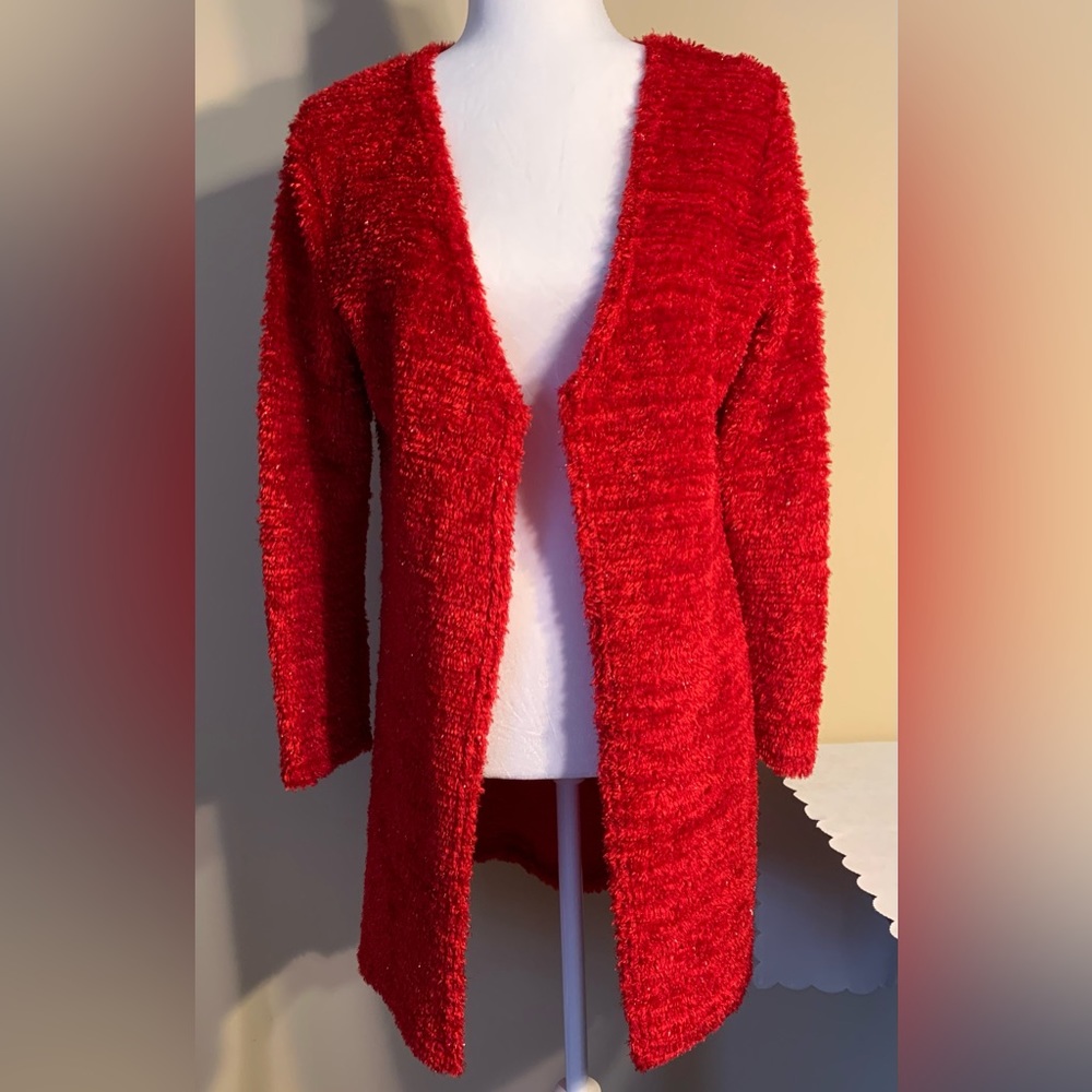 EUC Tunic Cardigan: Marled, Fuzzy, Sparkly Crimson, Open Front, Sm-Med